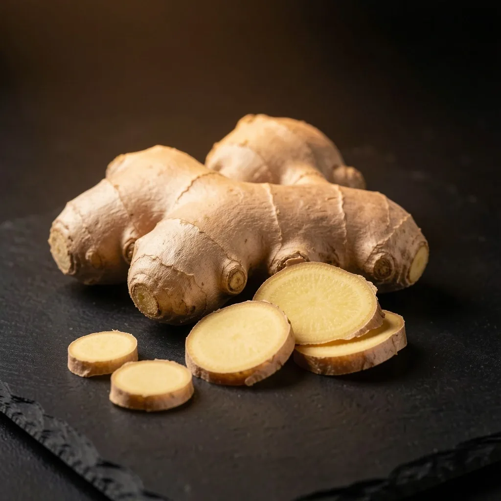 Dried ginger root and ginseng on stone