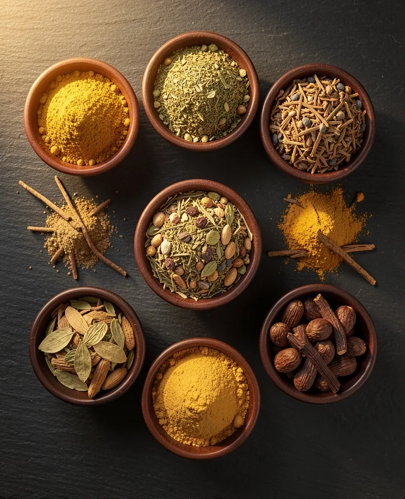 Natural botanical ingredients on dark stone