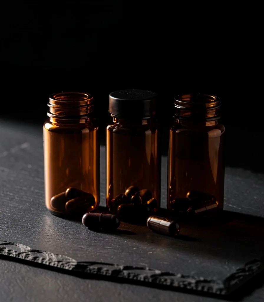 Natural supplement bottles on dark surface