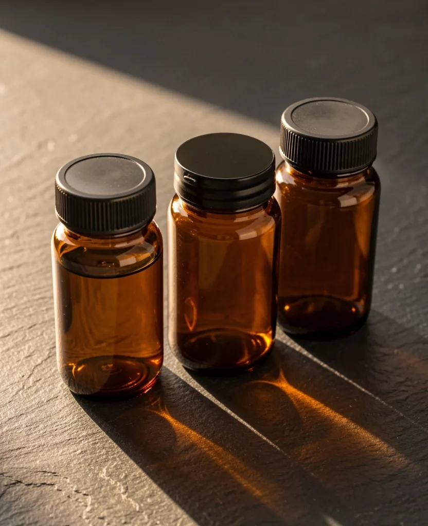 Supplement bottles on dark surface