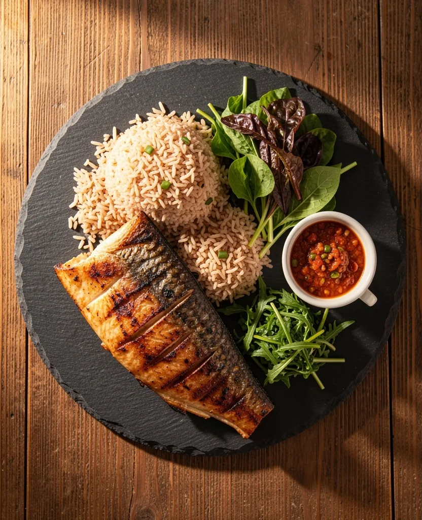 Balanced meal with whole foods on dark surface