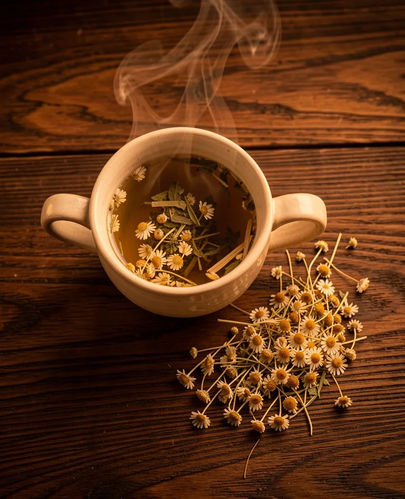 Herbal tea and dried flowers on dark wood