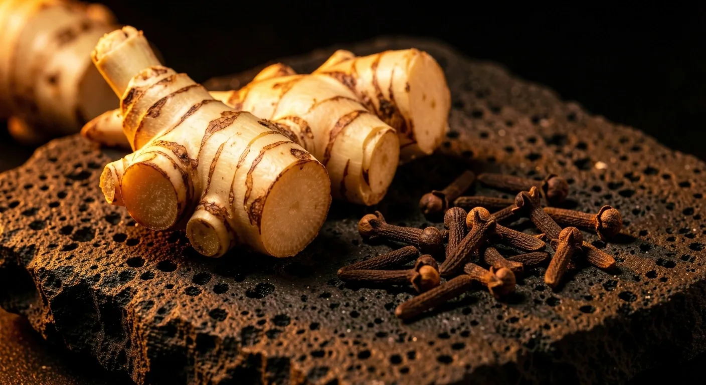 Indonesian botanical ingredients on dark stone