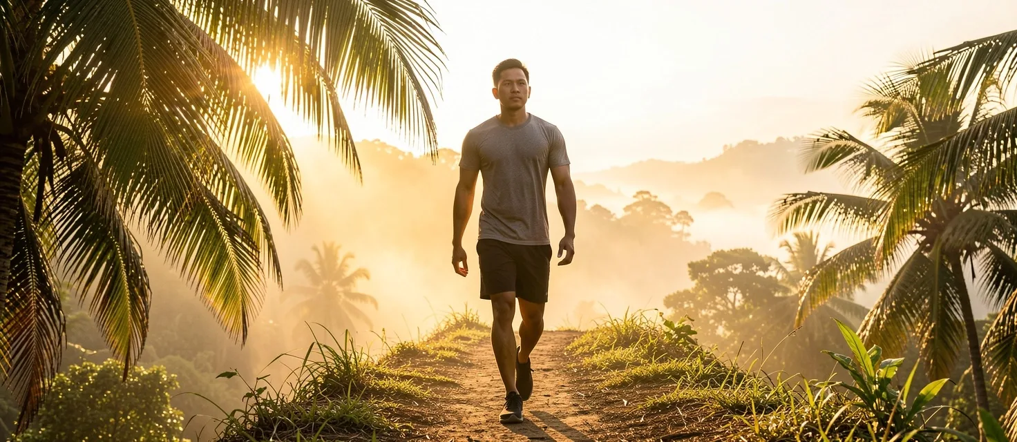 Man walking in tropical morning light